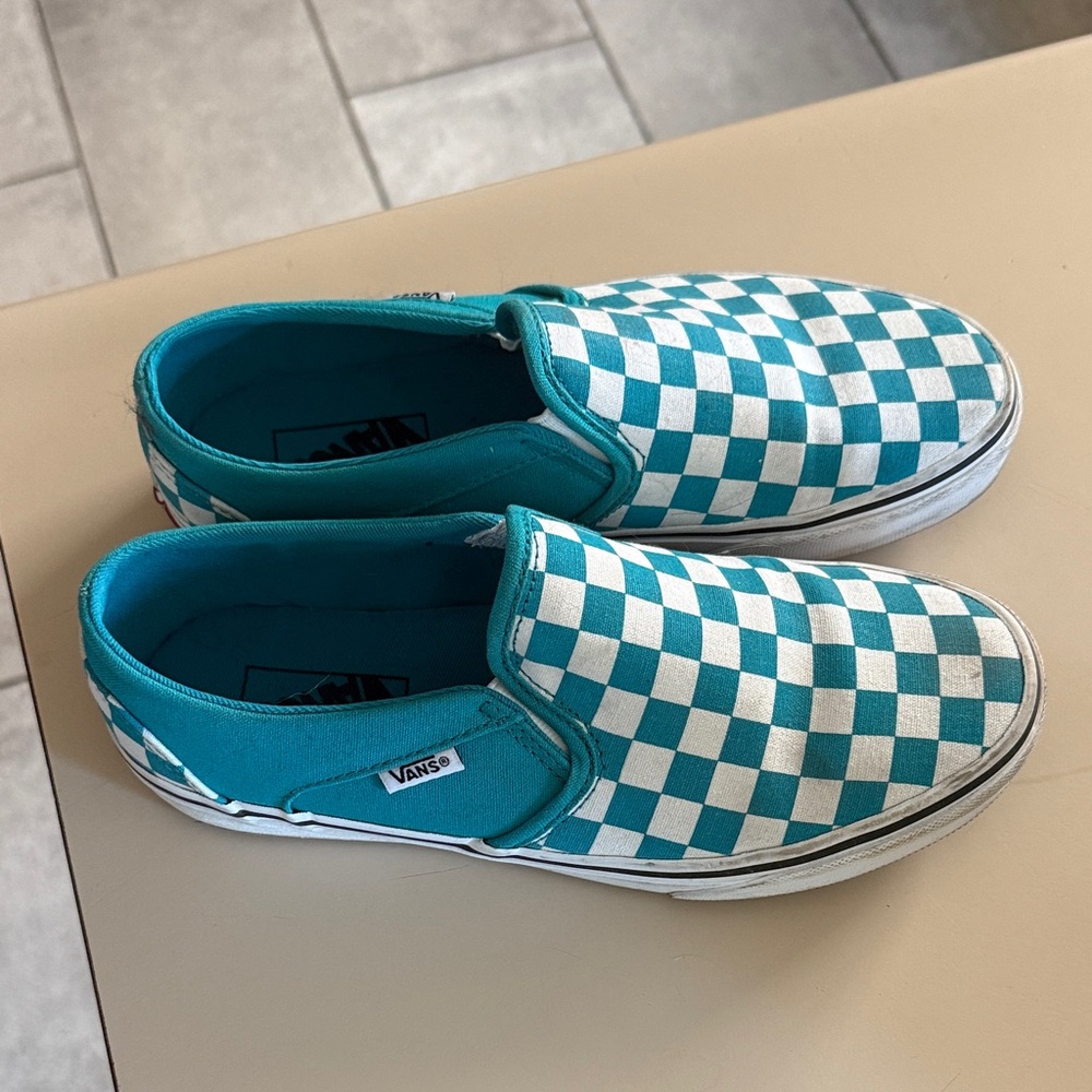 Vans Teal and White Checkered Slip-On Sneakers
